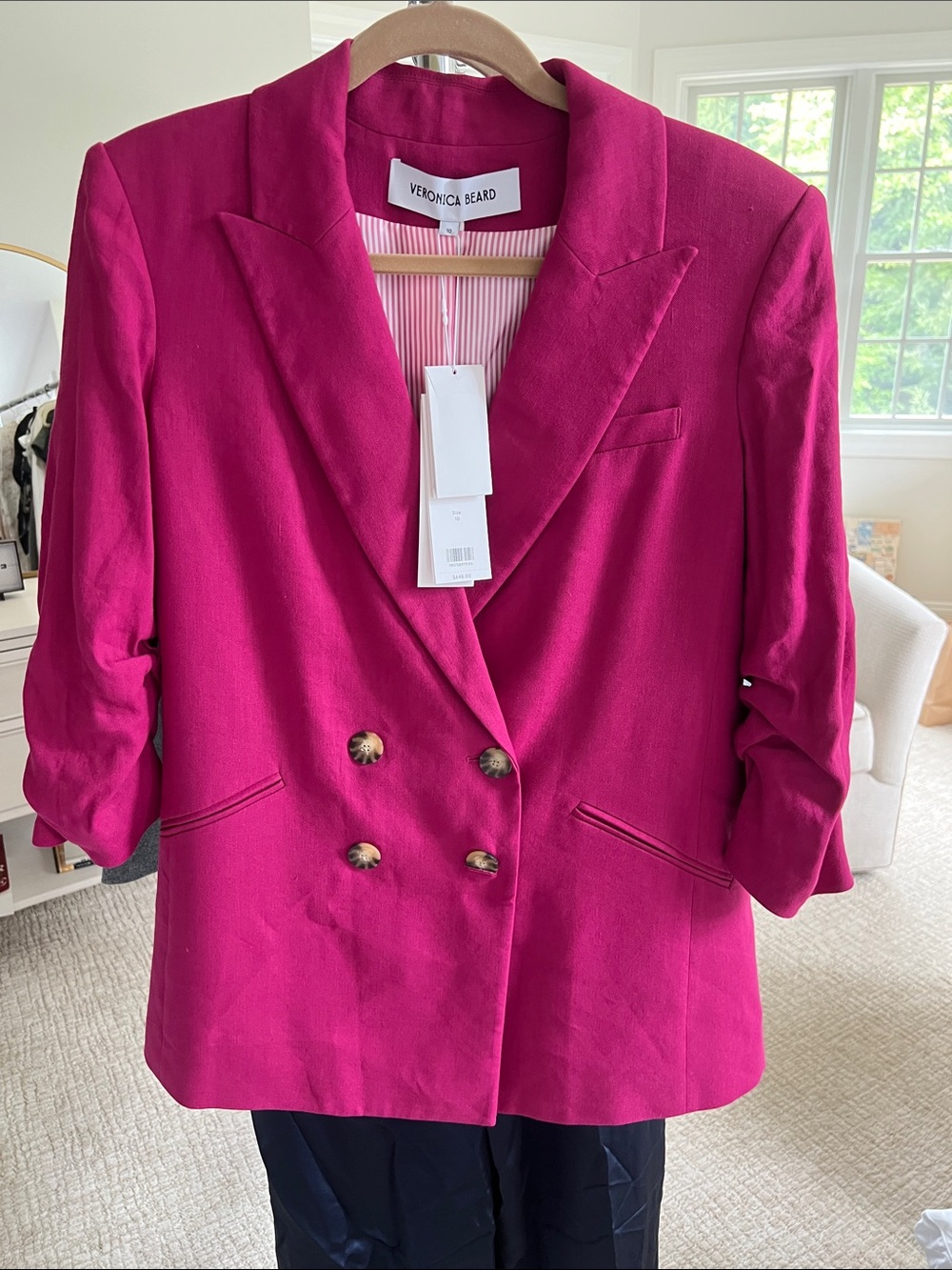 Veronica Beard Double-Breasted Fuchsia Blazer with Gold Buttons